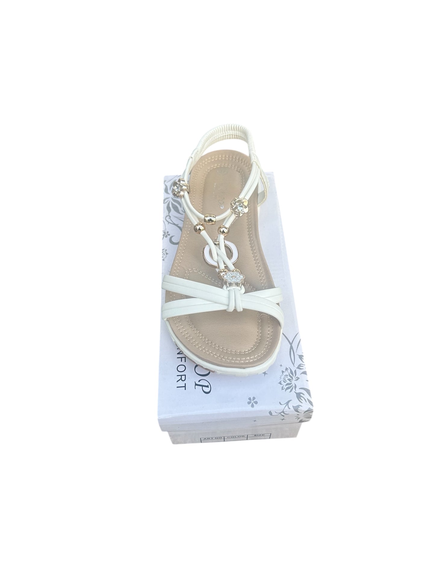 Elegante Damensandale in weiß,Beige und schwarz mit Blumenapplikationen