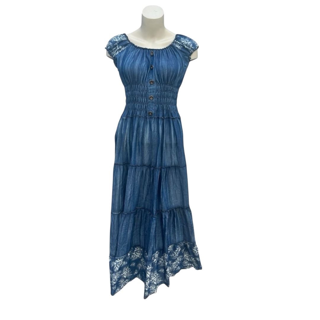 Elastisches Boho Maxikleid mit Knopfleiste – Blau