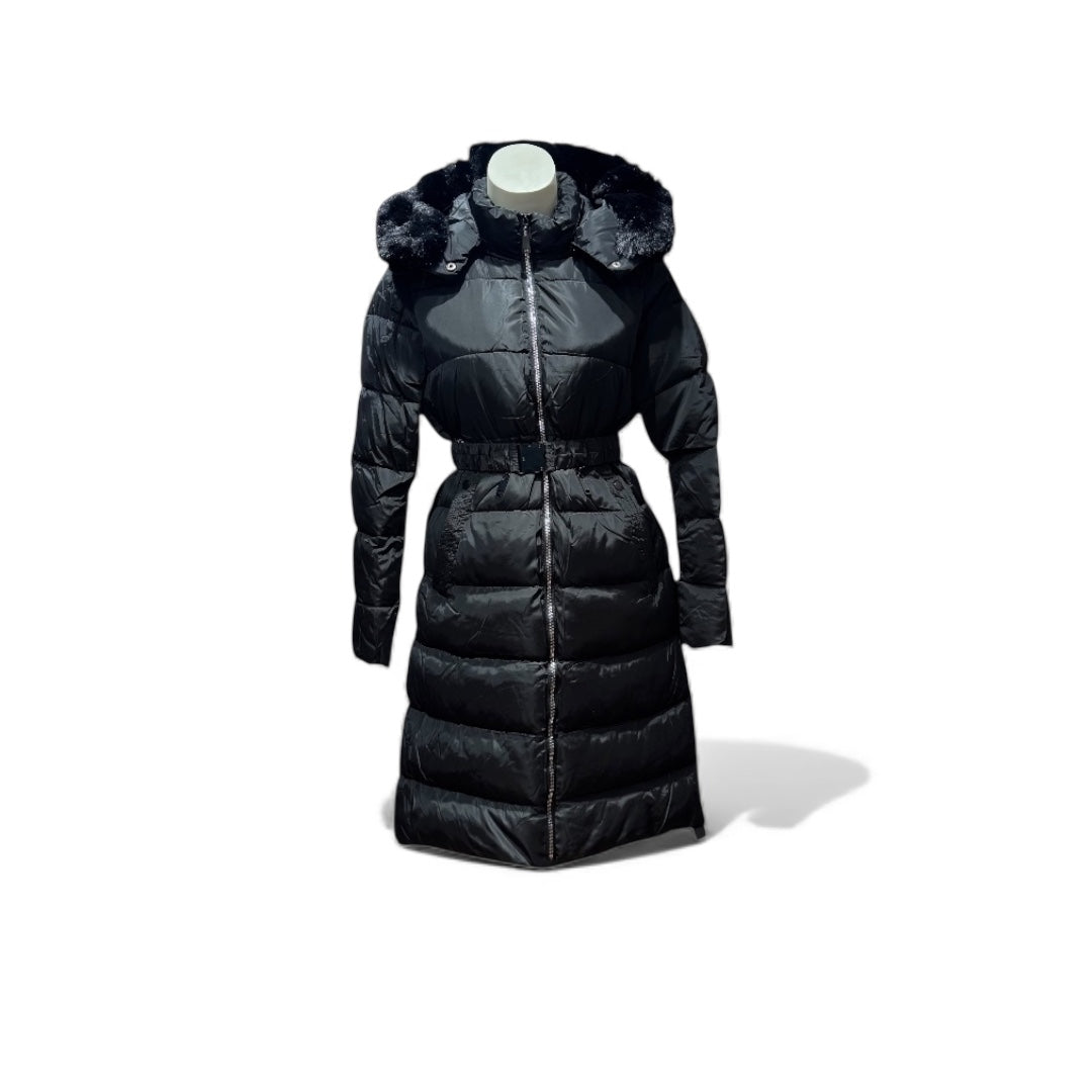 Langer Damen-Daunenmantel mit Kunstfellkapuze – Schwarz & Beige