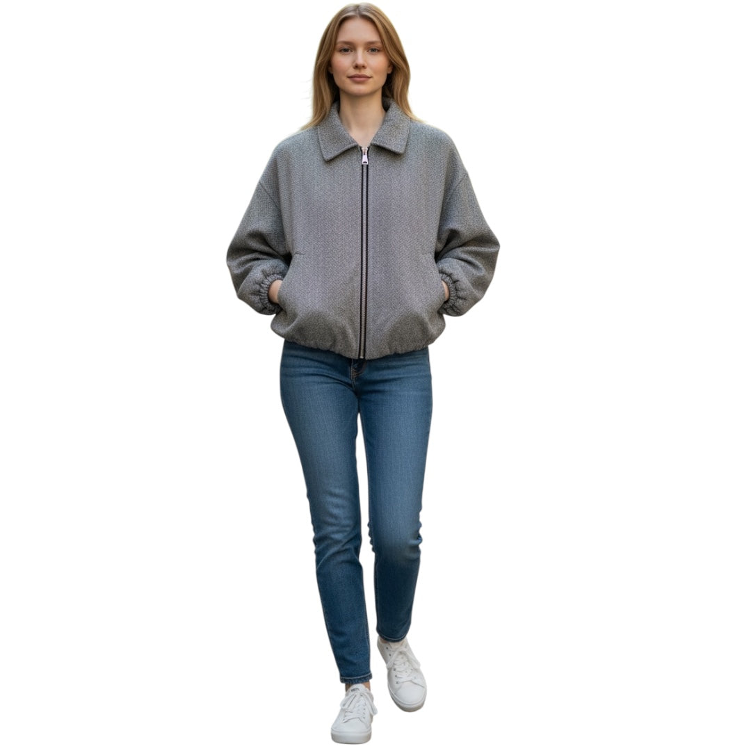 Graue Cropped Jacke mit Reißverschluss – Minimalistischer Oversized Look
