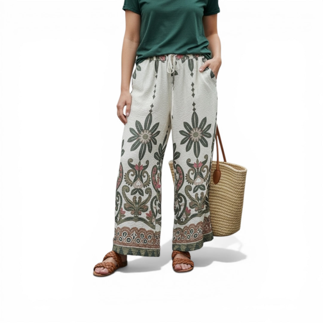 "Marrakesch" Boho Wide Leg Hose – Creme mit Paisley-Print & Kordelzug