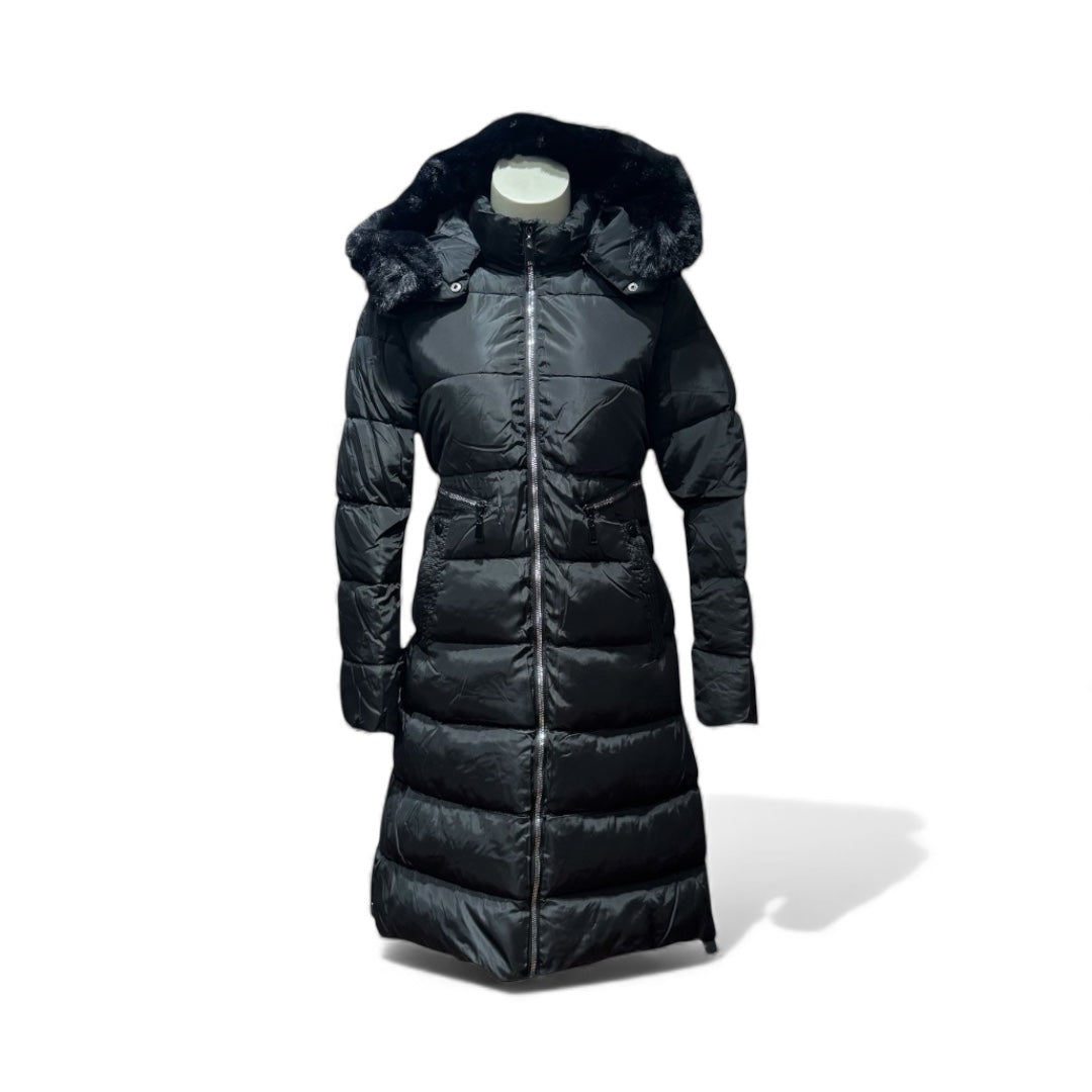 Langer Damen-Daunenmantel mit Kunstfellkapuze – Schwarz & Beige