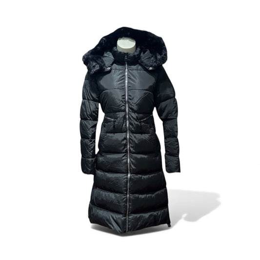 Langer Damen-Daunenmantel mit Kunstfellkapuze – Schwarz & Beige