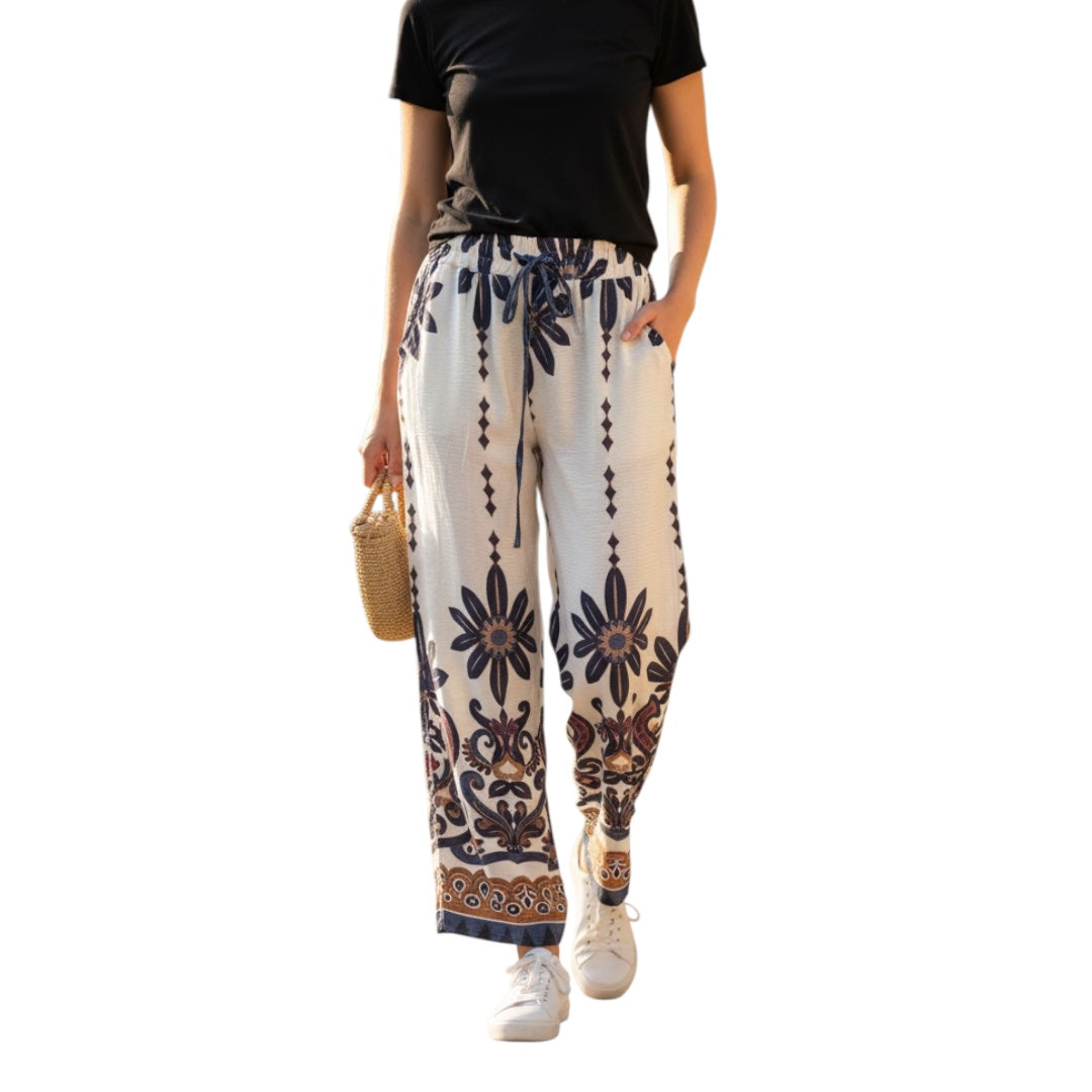 "Marrakesch" Boho Wide Leg Hose – Creme mit Paisley-Print & Kordelzug