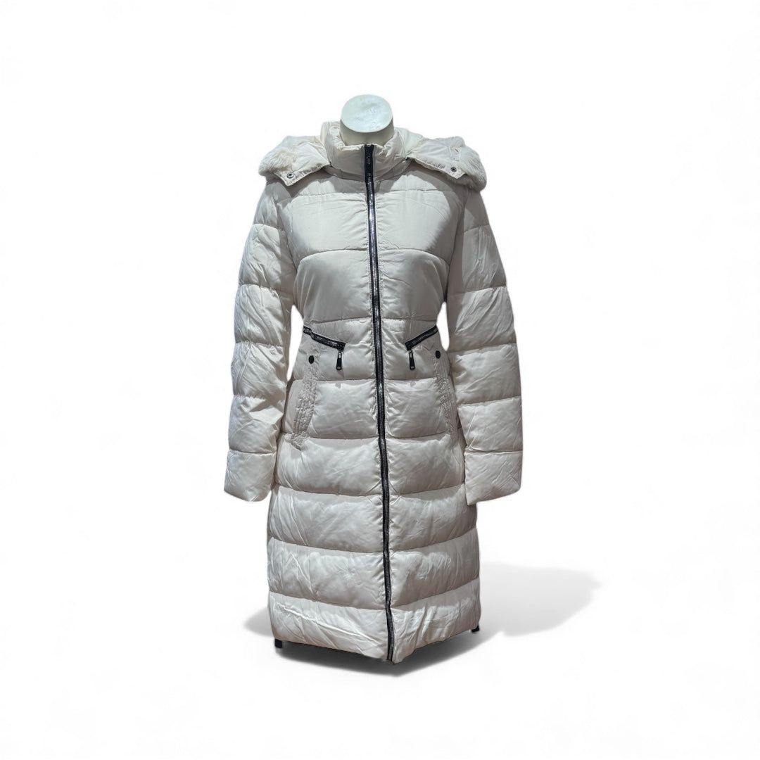 Langer Damen-Daunenmantel mit Kunstfellkapuze – Schwarz & Beige