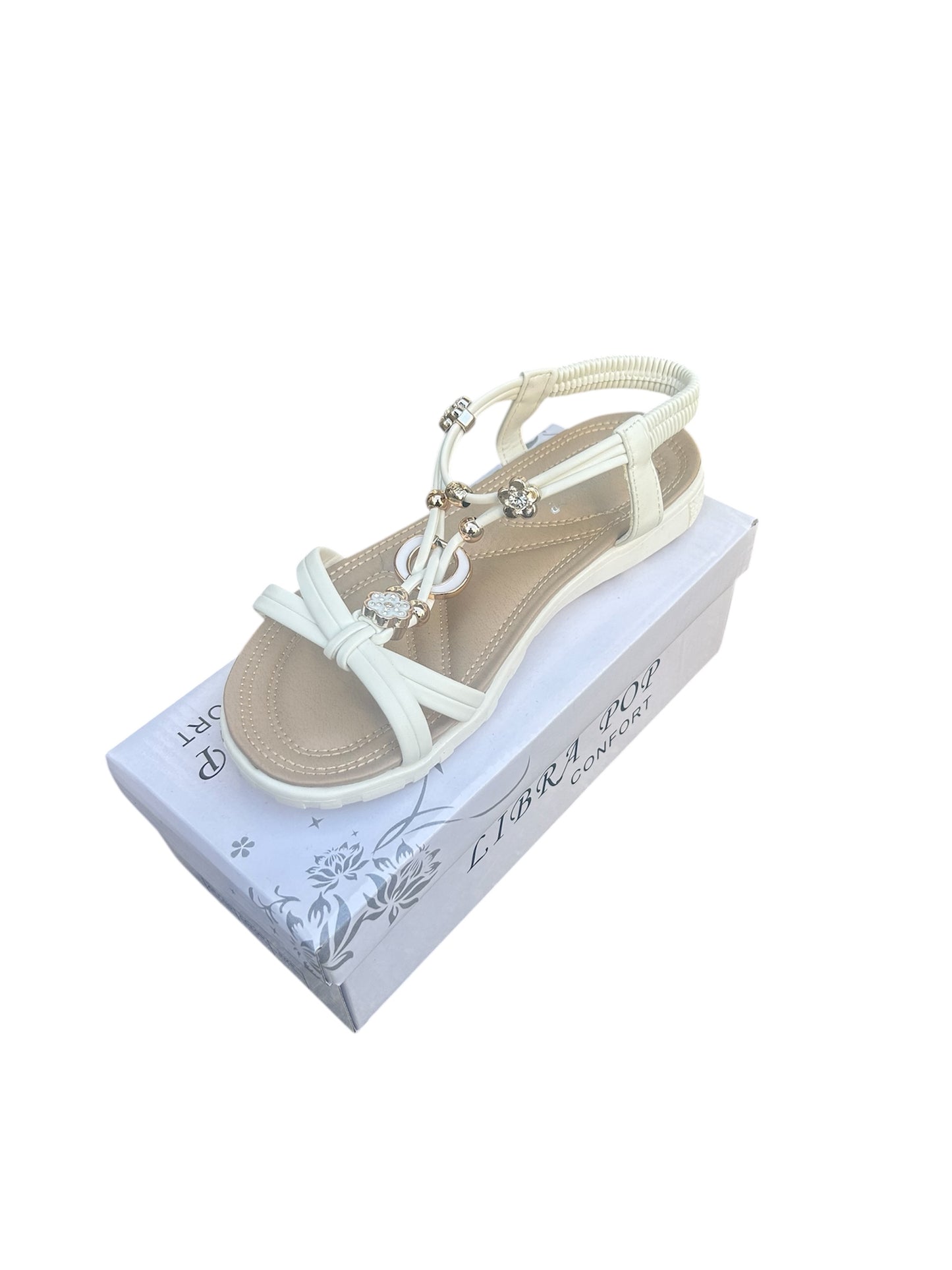 Elegante Damensandale in weiß,Beige und schwarz mit Blumenapplikationen