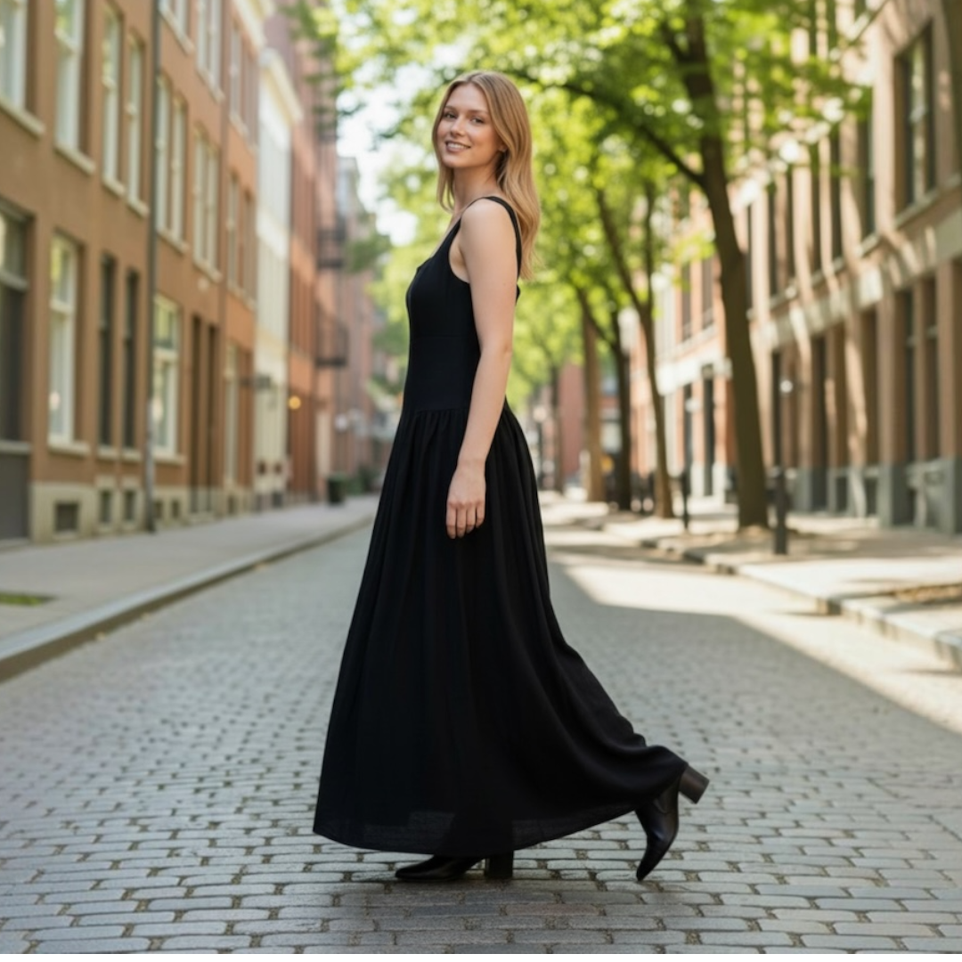Ärmelloses Maxikleid mit eckigem Ausschnitt aus Leinenoptik für stilvolle Eleganz und Komfort