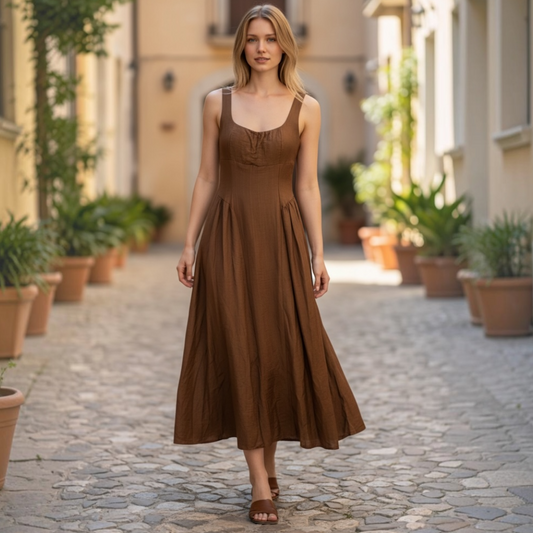 Ärmelloses Maxikleid mit eckigem Ausschnitt aus Leinenoptik für stilvolle Eleganz und Komfort