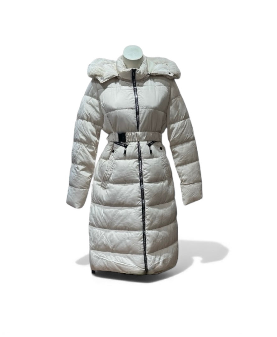 Langer Damen-Daunenmantel mit Kunstfellkapuze – Schwarz & Beige