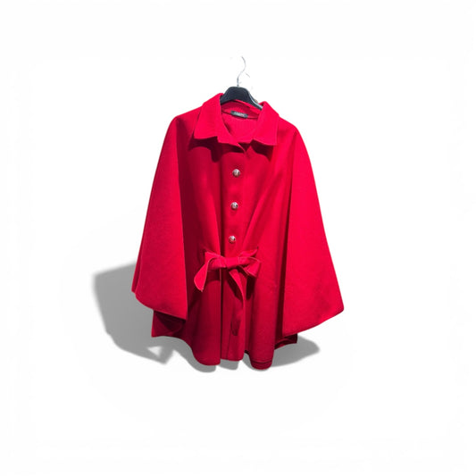 Eleganter Cape-Coat mit Bindegürtel – Damen Poncho in Rot & Weiß