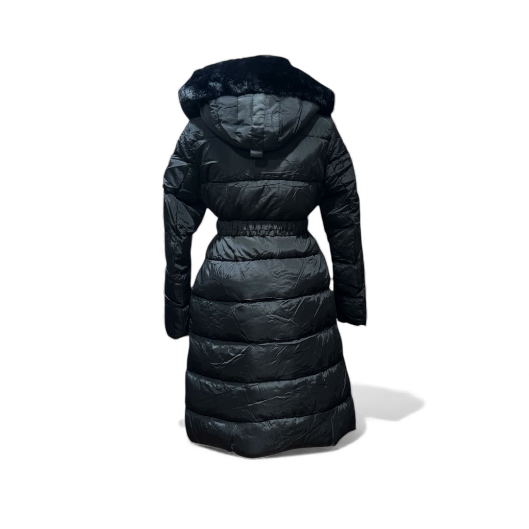 Langer Damen-Daunenmantel mit Kunstfellkapuze – Schwarz & Beige