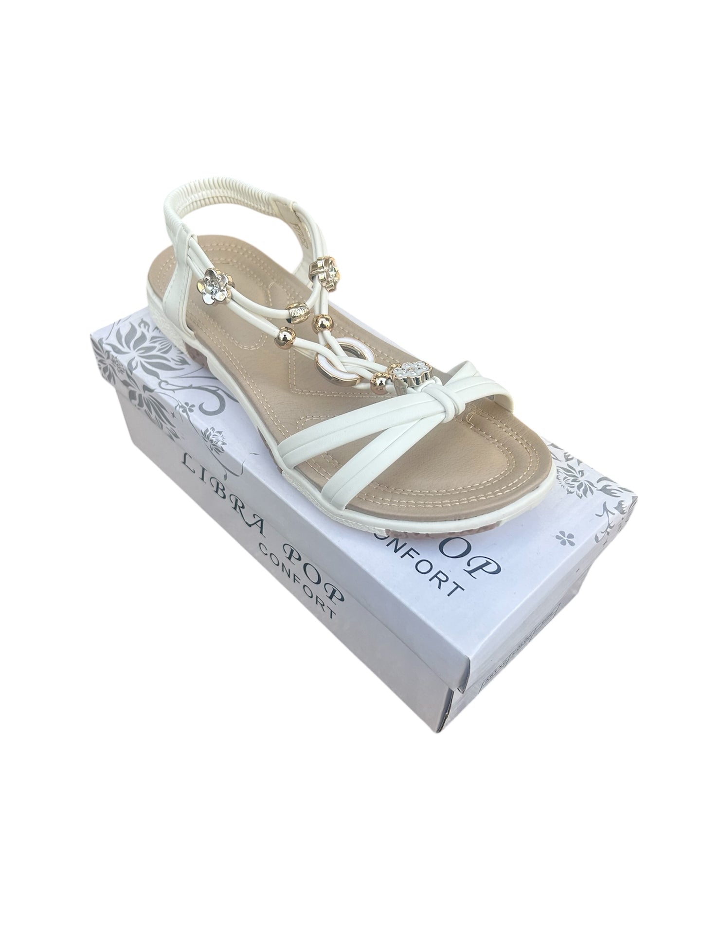 Elegante Damensandale in weiß,Beige und schwarz mit Blumenapplikationen