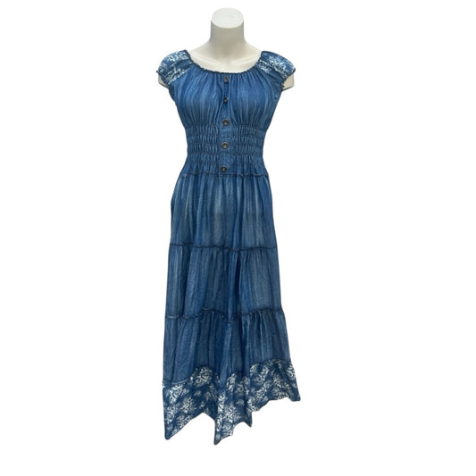 Elastisches Boho Maxikleid mit Knopfleiste – Blau