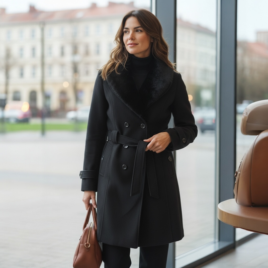 Eleganter Wollmantel mit Kunstfell-Besatz