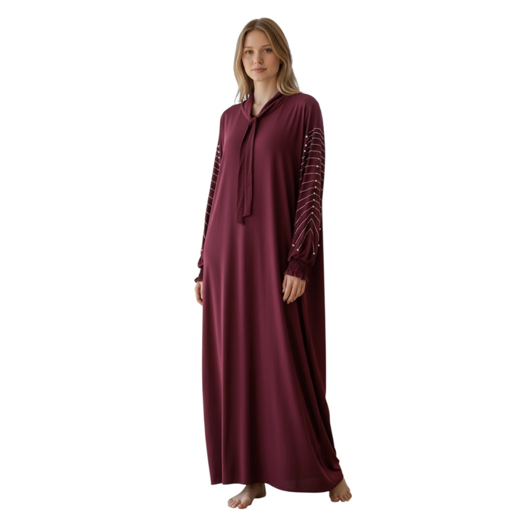 Elegante Maxi-Abaya Fließendes Design mit Perlen-Details & Schluppenkragen