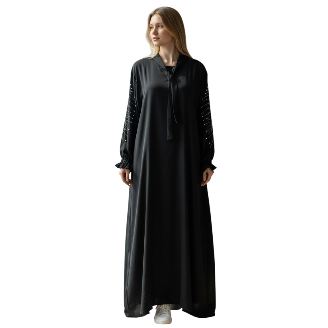 Elegante Maxi-Abaya Fließendes Design mit Perlen-Details & Schluppenkragen