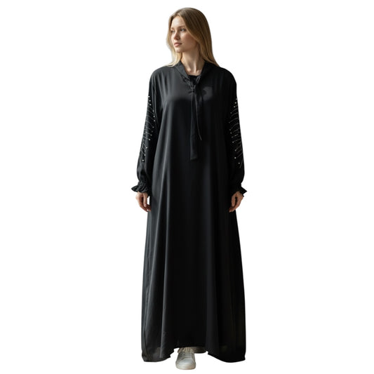 Elegante Maxi-Abaya Fließendes Design mit Perlen-Details & Schluppenkragen
