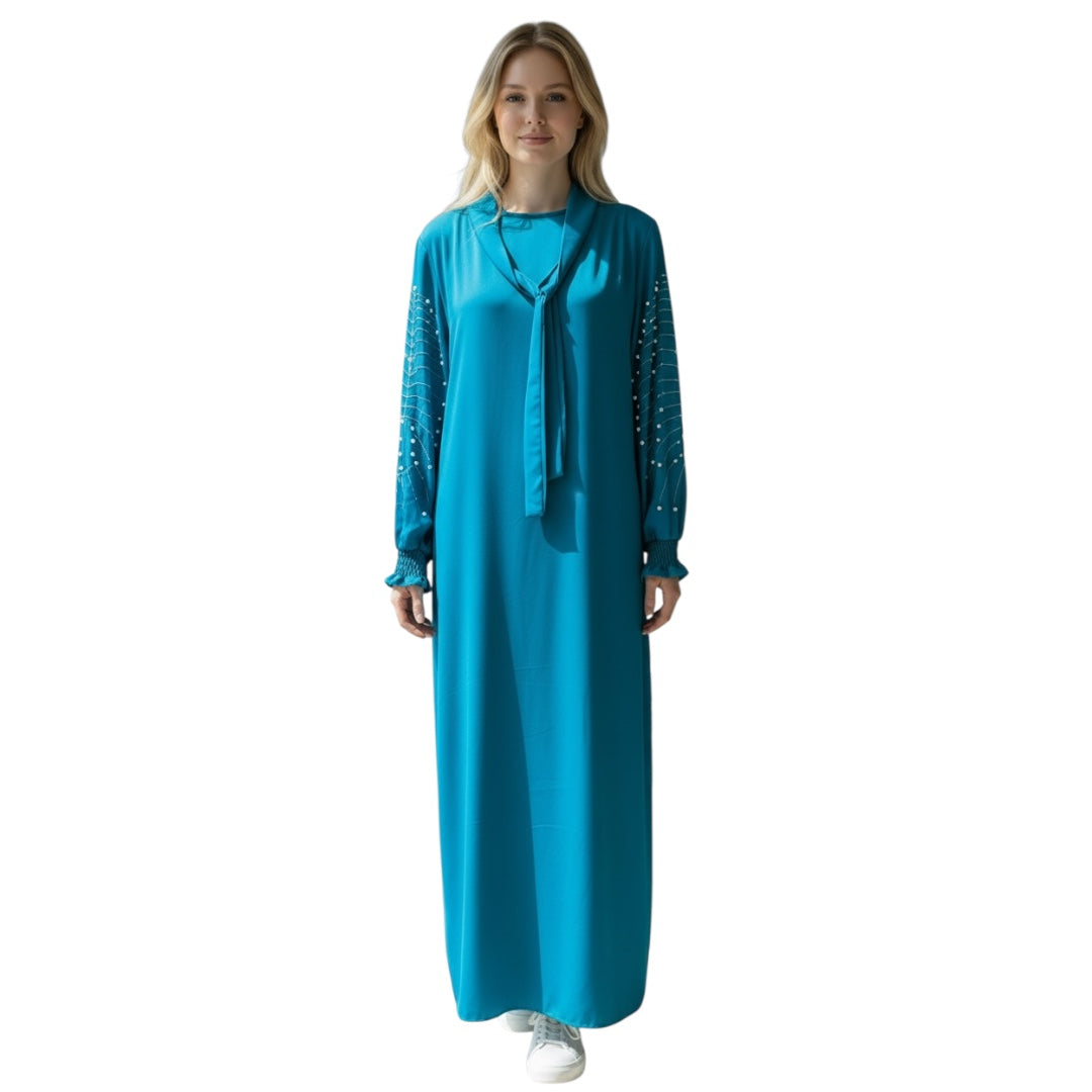 Elegante Maxi-Abaya Fließendes Design mit Perlen-Details & Schluppenkragen