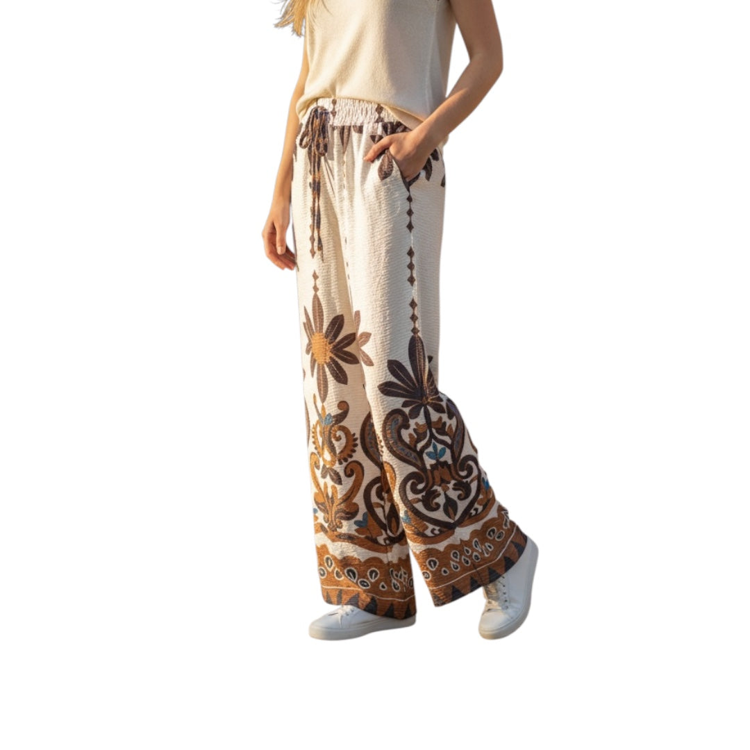 "Marrakesch" Boho Wide Leg Hose – Creme mit Paisley-Print & Kordelzug